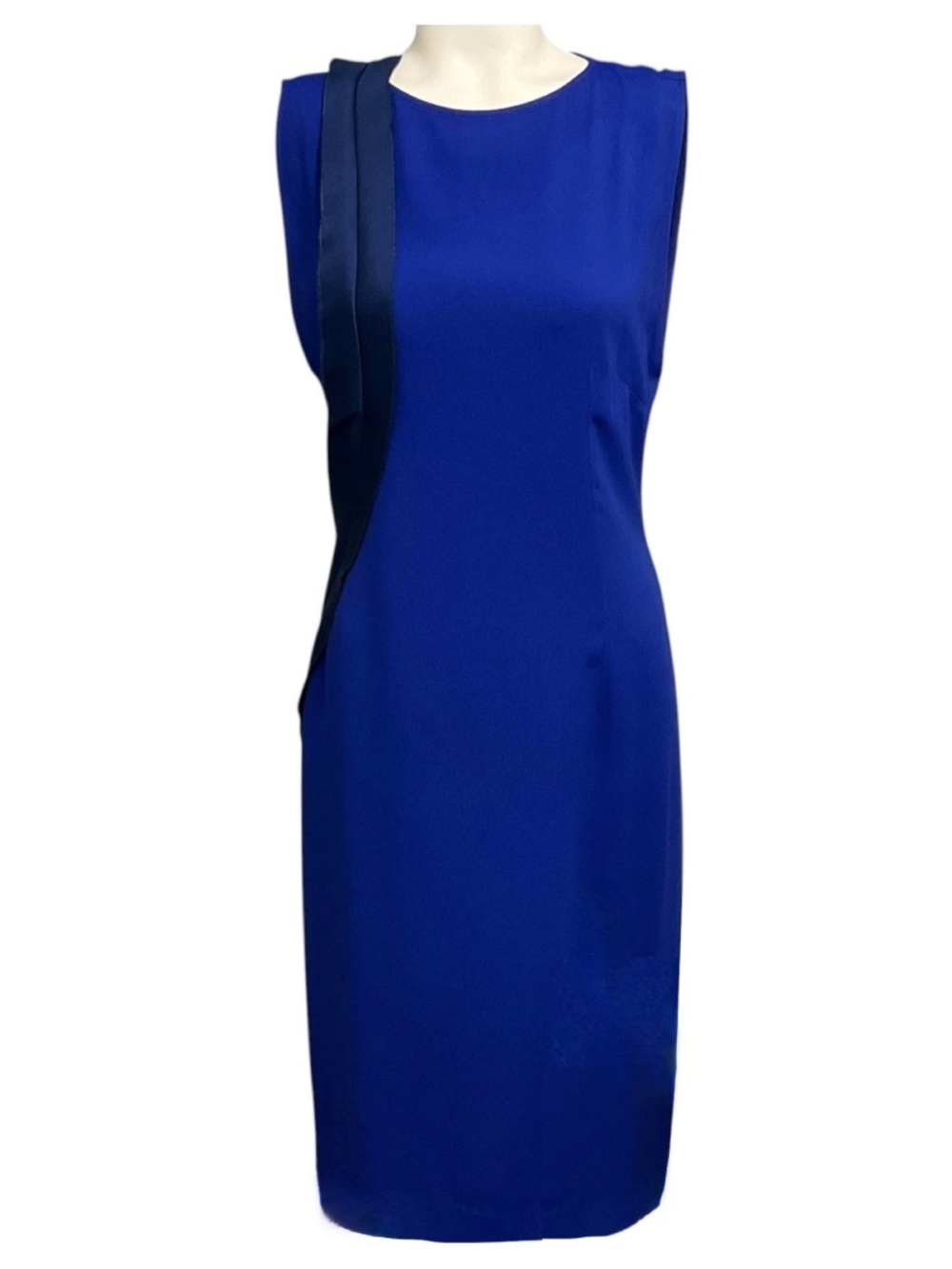 STELLA MCCARTNEY COBALT BLUE SLEEVELESS MIDI DRESS WITH RUFFLE DETAIL